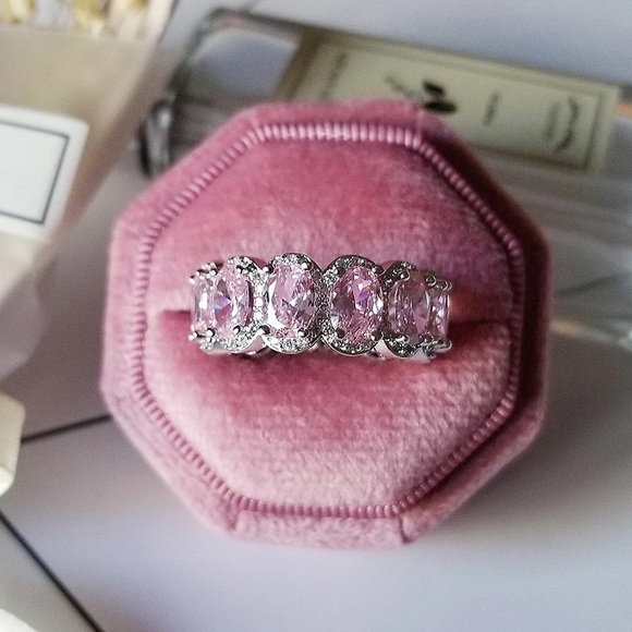 Oval Cut Halo Diamond Pink Wedding Band Eternity - Picture 3 of 16